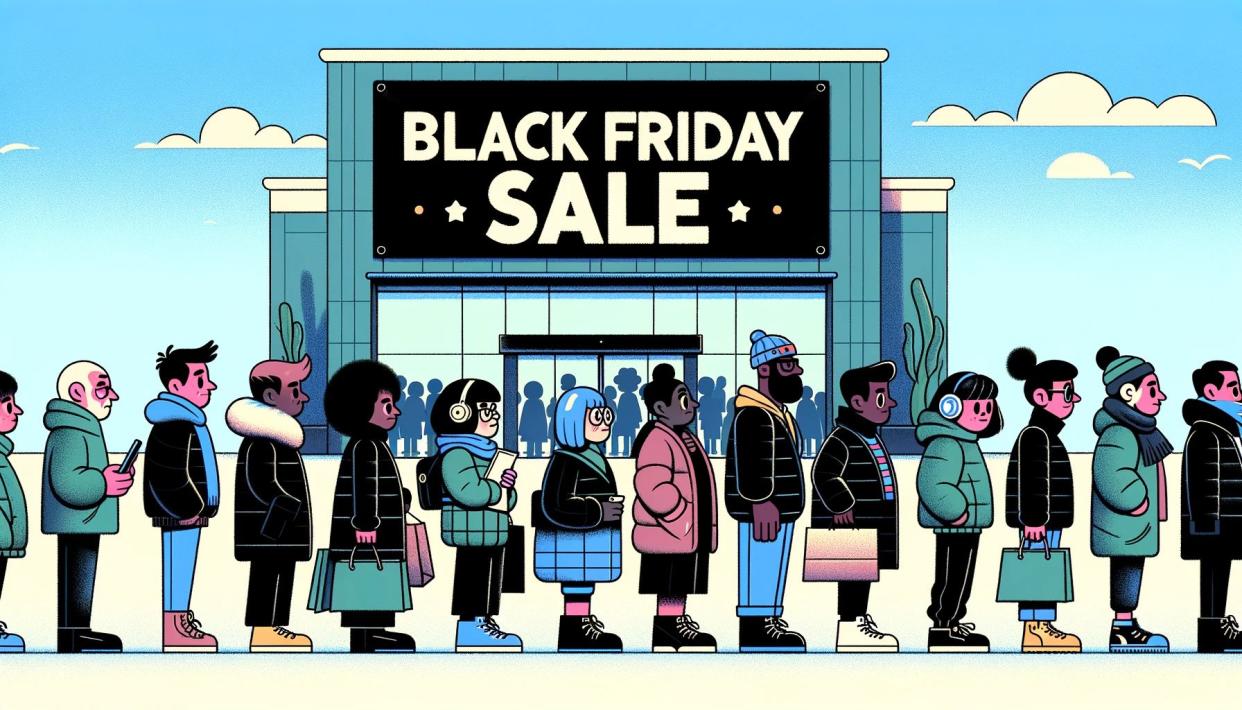 Black Friday Illustration showing people waiting in line