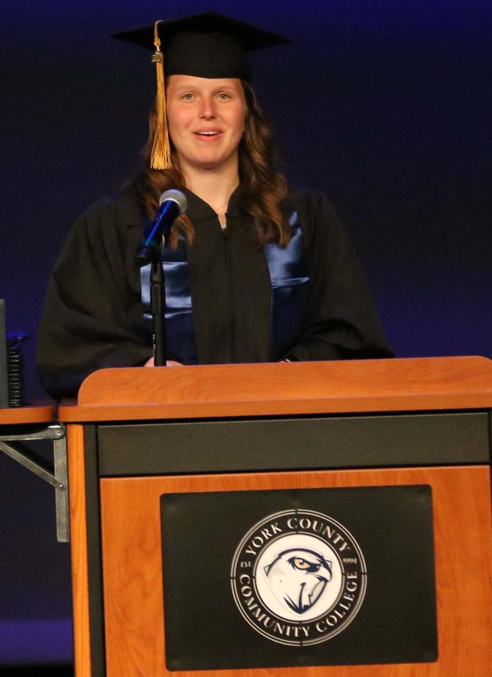 Margeurite Dallarie gives the student address at the 27th annual commencement of York County Community College May 13, 2022.