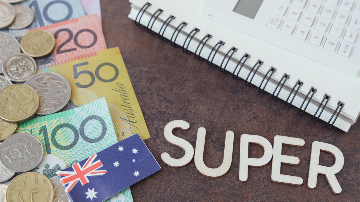 Australian money with the word 'SUPER' and a calculator