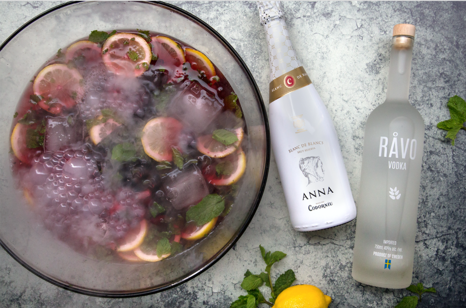 <p><strong>Ingredients</strong></p><p>1.25 cups RÅVO vodka<br>.5 cup simple syrup<br>1 cup lemon juice<br>1 cup Anna de Codorniu Blanc de Blanc Cava<br>Blackberries<br>Mint</p><p><strong>Instructions</strong></p><p>In a punch bowl, combine blackberries, lemon juice, and simple syrup; lightly crush berries to release their juice. Add ice and vodka; top with cava. Stir to combine. Garnish with mint.</p>