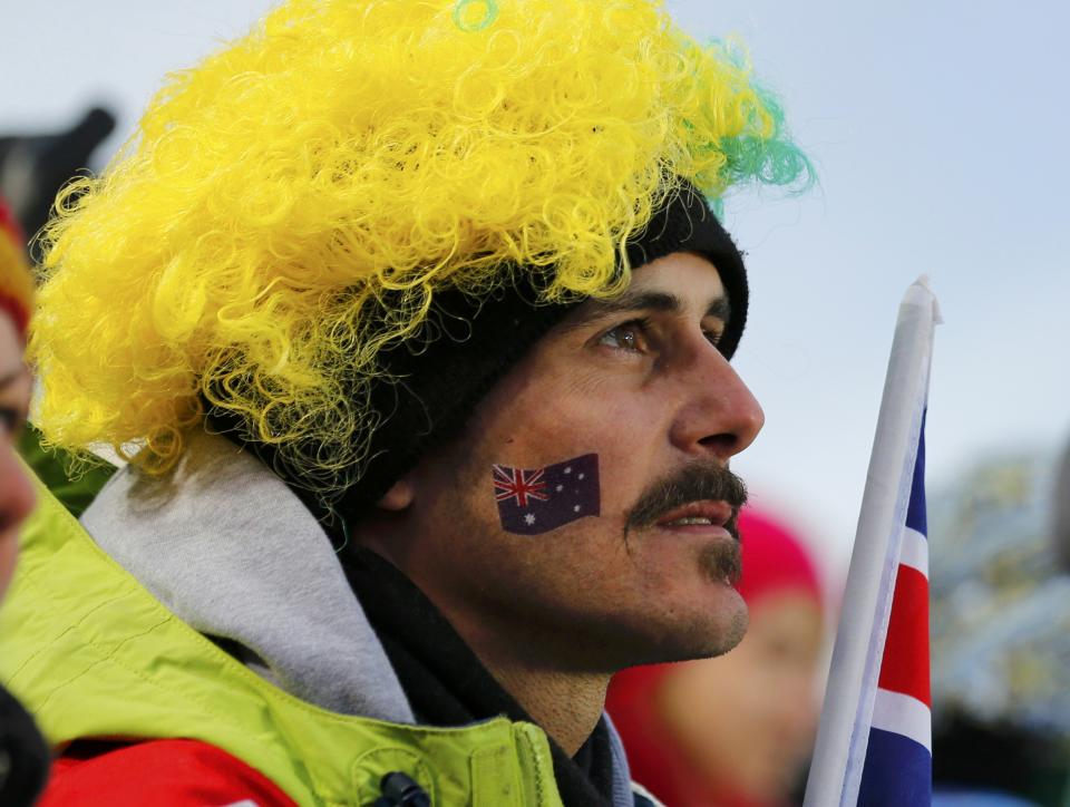 Australian fan watches the women's freestyle skiing moguls qualification round at the 2014 Sochi Winter Olympic Games in Rosa Khutor