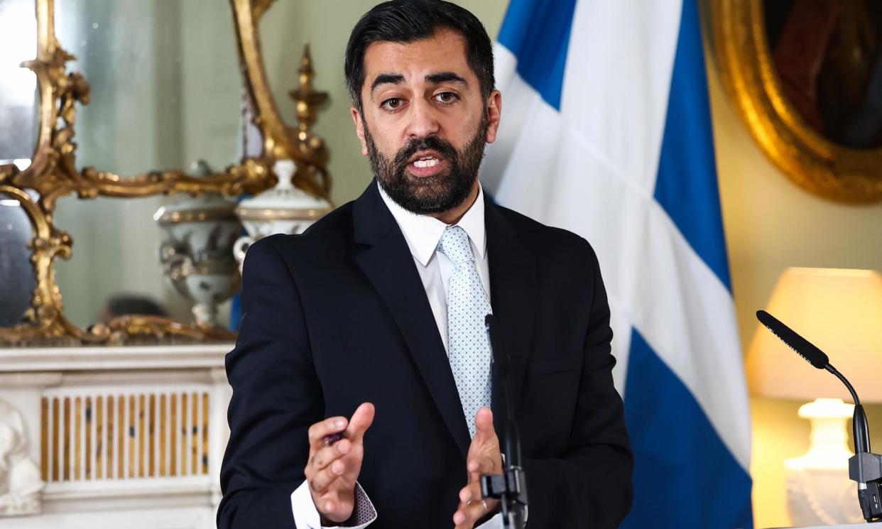 <span>Humza Yousaf speaks during a press conference at Bute House, Edinburgh, on Thursday.</span><span>Photograph: Jeff J Mitchell/PA</span>