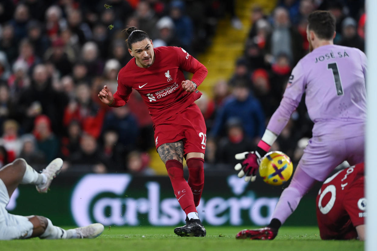 Liverpool forward Darwin Nunez scores against Wolverhampton Wanderers in the English Premier League, but the goal was later disallowed by VAR.