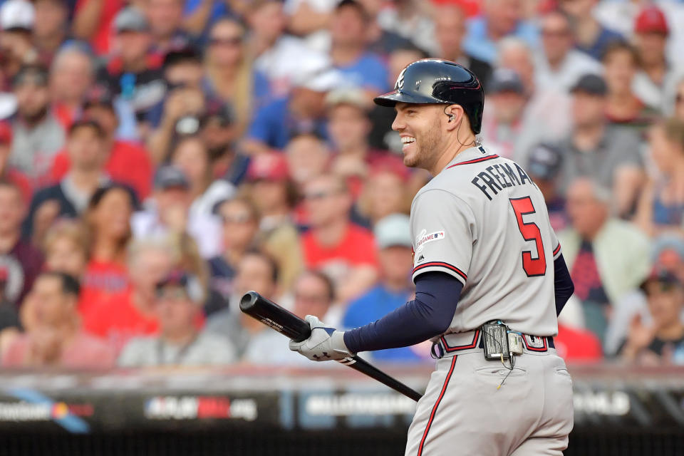 Freddie Freeman was the first batter of the 2019 All-Star Game, and he wore a microphone while he was in the batter's box facing Justin Verlander. (Photo by Jason Miller/Getty Images)