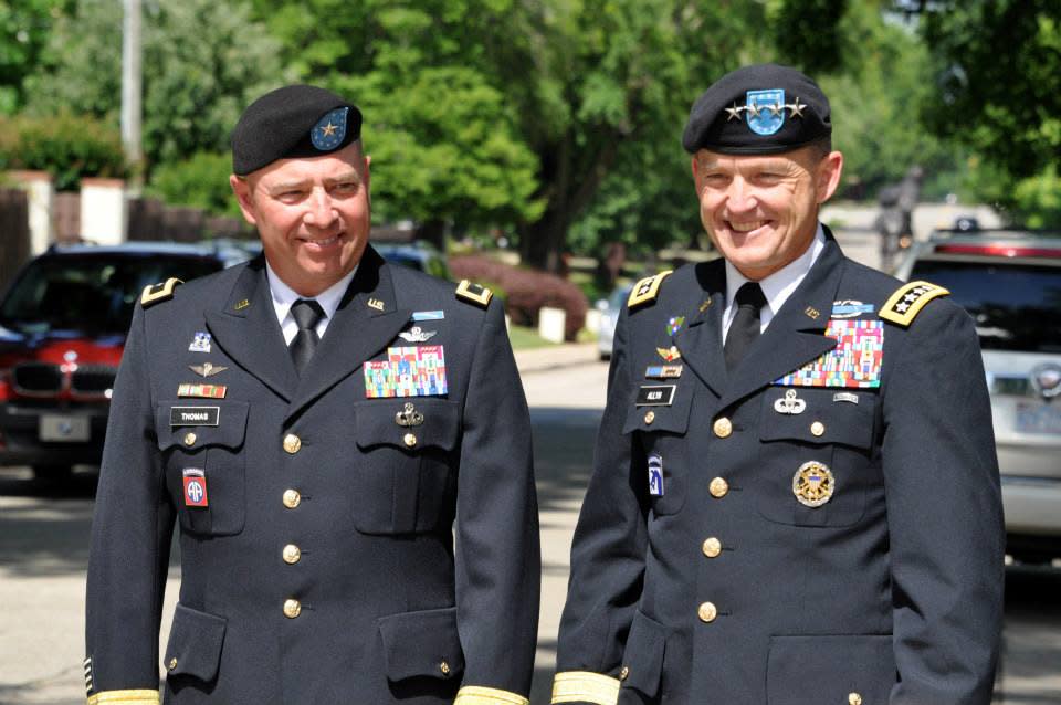 Then-Brig. Gen. Kelly J. Thomas, left, and Gen. Daniel B. Allyn prepare for the Thomas' retirement as FORSCOM deputy chief of staff in 2013 after more than 31 years of Army service.