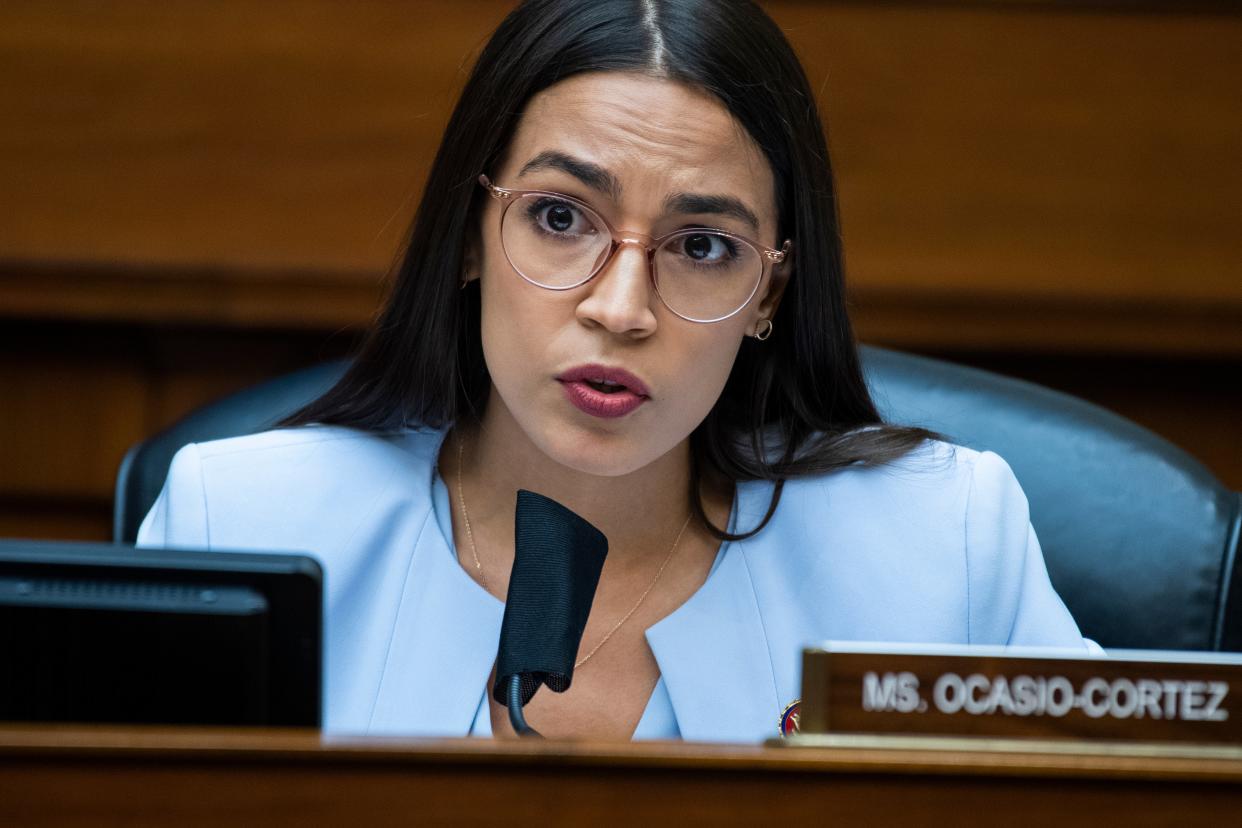 Alexandria Ocasio-Cortez (D-NY) questions Postmaster General Louis DeJoy during a hearing before the House Oversight and Reform Committee on August 24, 2020 in Washington, DC. (Getty Images)