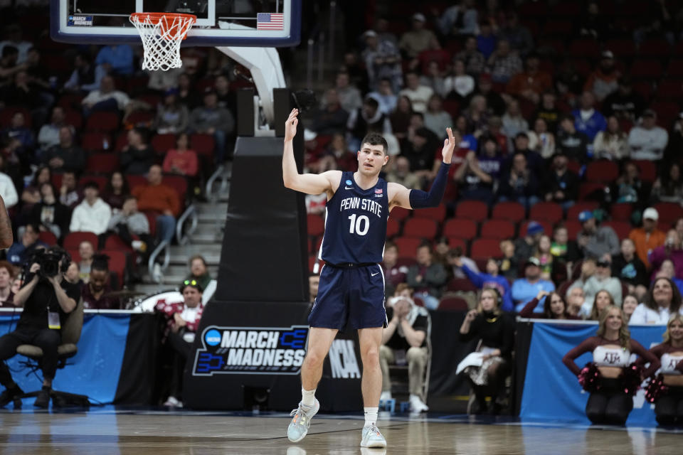 Penn State guard Andrew Funk celebrates after making a 3-point basket in the second half of a first-round college basketball game against Texas A&M in the NCAA Tournament, Thursday, March 16, 2023, in Des Moines, Iowa. (AP Photo/Charlie Neibergall)