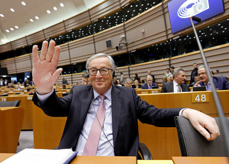 European Commission President Jean-Claude Juncker presents a white paper to the European Parliament on options for shoring up unity once Britain launches its withdrawal process, in Brussels, Belgium, March 1, 2017. REUTERS/Yves Herman