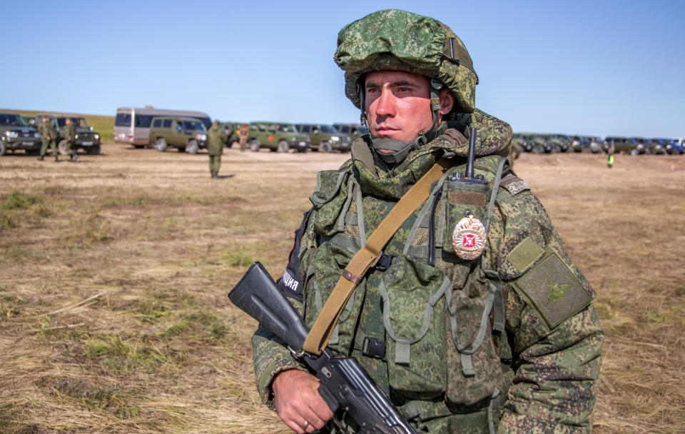 <em>A Russian soldier guards an area in the biggest military exercise since the Cold War (AP)</em>