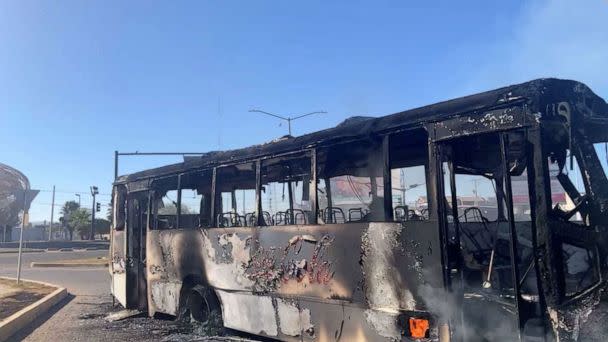 PHOTO: The burnt wreckage of a bus, set on fire by members of a drug gang, is pictured following the arrest of gang leader Ovidio Guzman, a son of incarcerated kingpin Joaquin 'El Chapo' Guzman, in Culiacan, Mexico, Jan. 5, 2023. (Riodoce via Reuters)