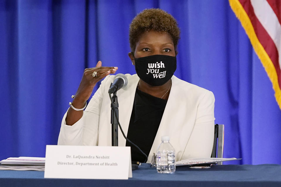 District of Columbia Department of Health Director LaQuandra Nesbitt speaks at a news conference on the coronavirus outbreak and the District's response, Monday, Aug. 17, 2020, in Washington. (AP Photo/Patrick Semansky)