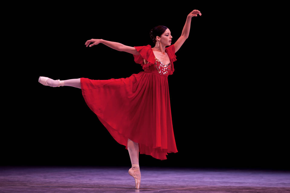 FILE - In this Oct. 28, 2012 file photo, Cuba dancer Viengsay Valdes performs during the inauguration of the 23rd International Ballet Festival, at the National Theater, in Havana, Cuba. Valdes, the new head of Cuba's legendary National Ballet said on Thursday, Dec. 12, 2019, that she hopes to renew the institution after the death of long-time director Alicia Alonso by introducing new choreography and appearances by dancers who have emigrated to other companies. (AP Photo/Ramon Espinosa, File)