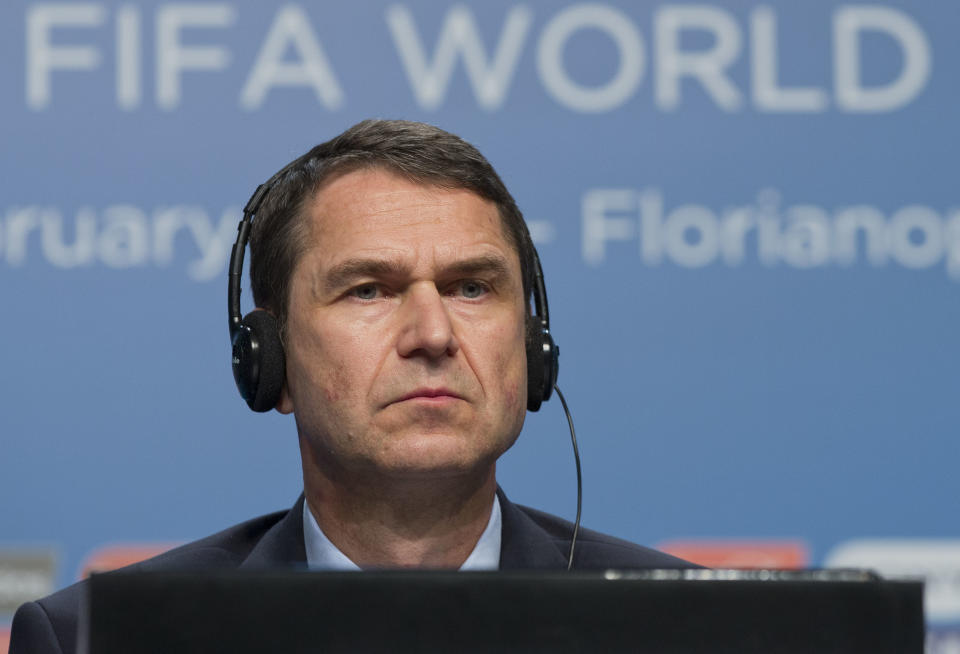 FIFA director of security Ralf Mutschke looks on during a news conference during the Team Workshop for the 2014 World Cup at the Costao do Santinho hotel in Florianopolis, Brazil, Thursday, Feb. 20, 2014. Mutschke said that he is satisfied with the level of security that will be provided by Brazilian authorities and guaranteed that football’s governing body “is highly committed to ensuring the safety and security for fans, players and any other stakeholder involved in our event.” (AP Photo/Andre Penner)