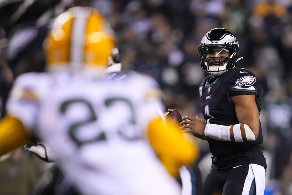 Philadelphia Eagles quarterback Jalen Hurts (1) looks to throw during the second half of an NFL football game against the Green Bay Packers, Sunday, Nov. 27, 2022, in Philadelphia. (AP Photo/Matt Rourke)