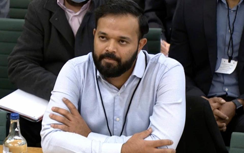 Former cricketer Azeem Rafiq gives evidence during a parliamentary hearing at the Digital, Culture, Media and Sport (DCMS) committee on sport governance at Portcullis House in London - AP