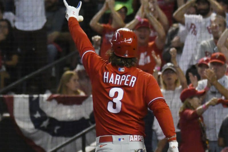 Philadelphia Phillies slugger Bryce Harper hit a grand slam in the seventh inning of a 9-4 win over the Cincinnati Reds on Tuesday in Philadelphia. File Photo by Rick D'Elia/UPI