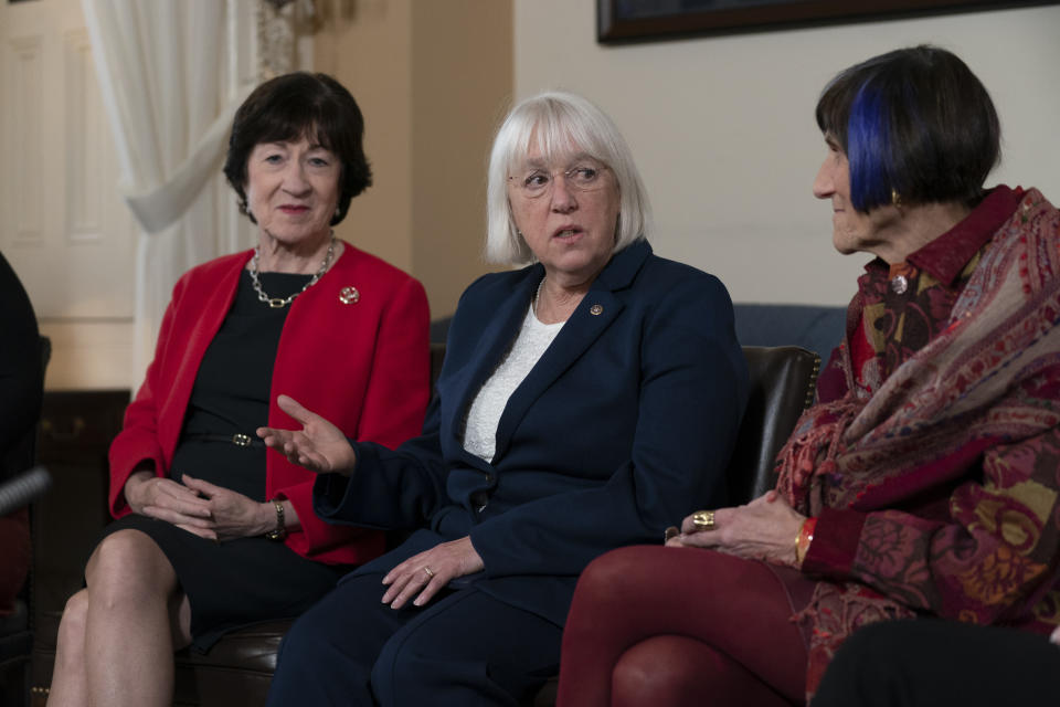 Senate Appropriations Committee ranking member Sen. Susan Collins, R-Maine, left, Senate Appropriations Committee chair Patty Murray, D-Wash., center, and House Appropriations Committee ranking member Rep. Rosa DeLauro, D-Conn., talk during an interview with The Associated Press, along with Shalanda Young, the first Black woman to lead the Office of Management and Budget and House Appropriations Committee chair Rep. Kay Granger, R-Texas, at the Capitol in Washington, Thursday, Jan. 26, 2023. It's the first time in history that the four leaders of the two congressional spending committees are women. (AP Photo/Manuel Balce Ceneta)