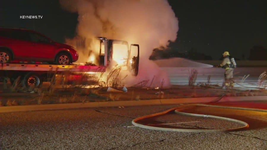 Tow truck catches fire on freeway in Baldwin Park 