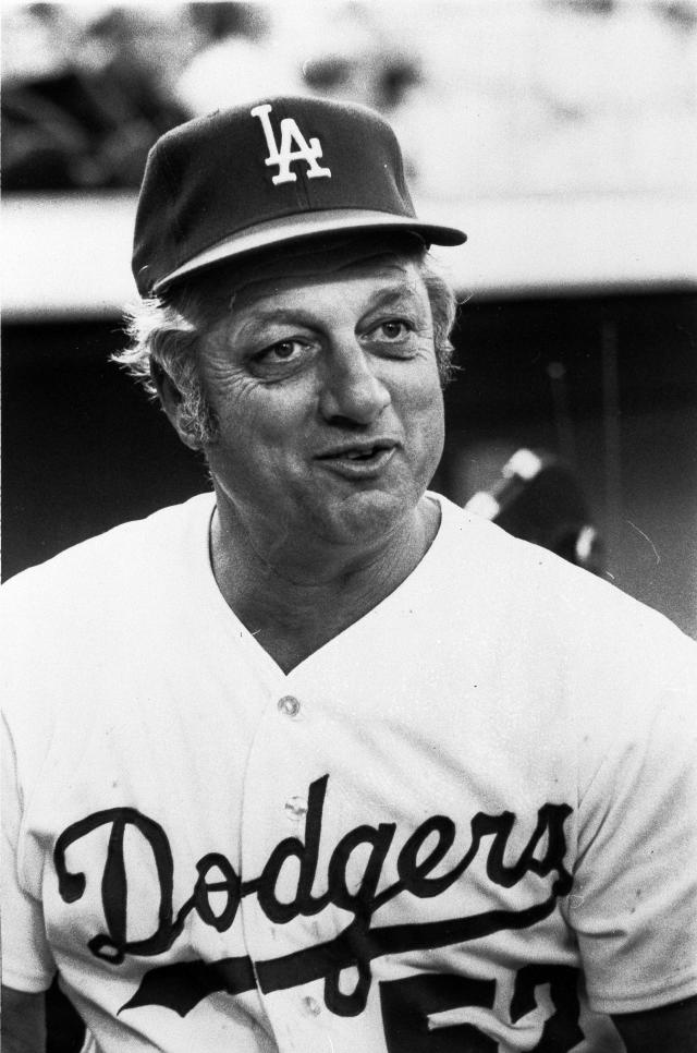 New manager Tommy Lasorda looks over his domain from the dugout as