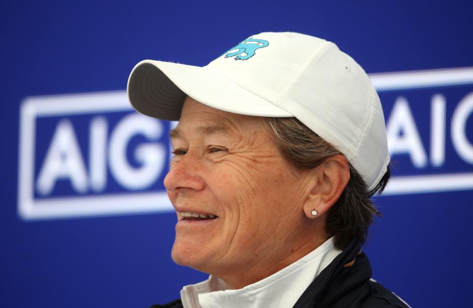 ST ANDREWS, SCOTLAND - AUGUST 21: Catriona Matthew of Scotland speaks in a press conference ahead of the AIG Women's Open at St Andrews Old Course on August 21, 2024 in St Andrews, Scotland. (Photo by Kate McShane/R&A/R&A via Getty Images)