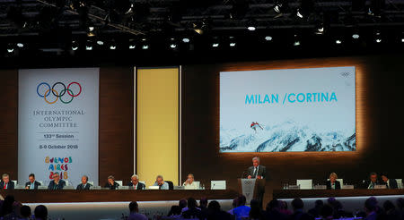 Juan Antonio Samaranch Jr, Vice-President of the International Olympic Committee (IOC), speaks as he presents Milan / Cortina as a candidate to host the 2026 Winter Olympics during the 133rd IOC session in Buenos Aires, Argentina October 9, 2018. REUTERS/Marcos Brindicci