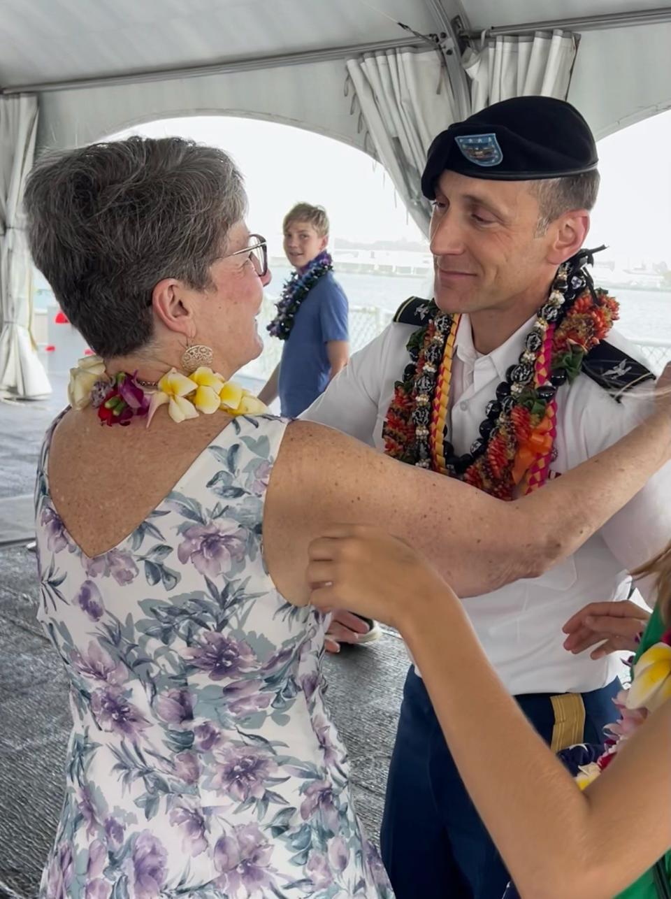 Karen Burkavage, of Honesdale, is shown after placing the beret on her son Philip D. Cordaro, newly promoted to colonel in the U.S. Army aboard the USS Missouri at Pearl Harbor on April 5, 2024. Col. Cordaro entered the Army immediately after graduating from Honesdale High School in 1996.