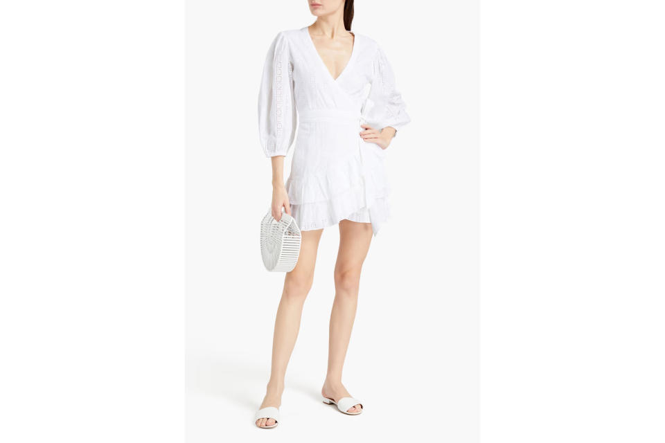 MELISSA ODABASH Aliyah tiered ruffled broderie anglaise cotton mini wrap dress. (Photo: The Outnet)