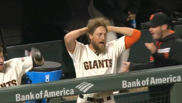 Hunter Pence loses his mind while watching Johnny Cueto's two-run bunt. (MLB.TV)