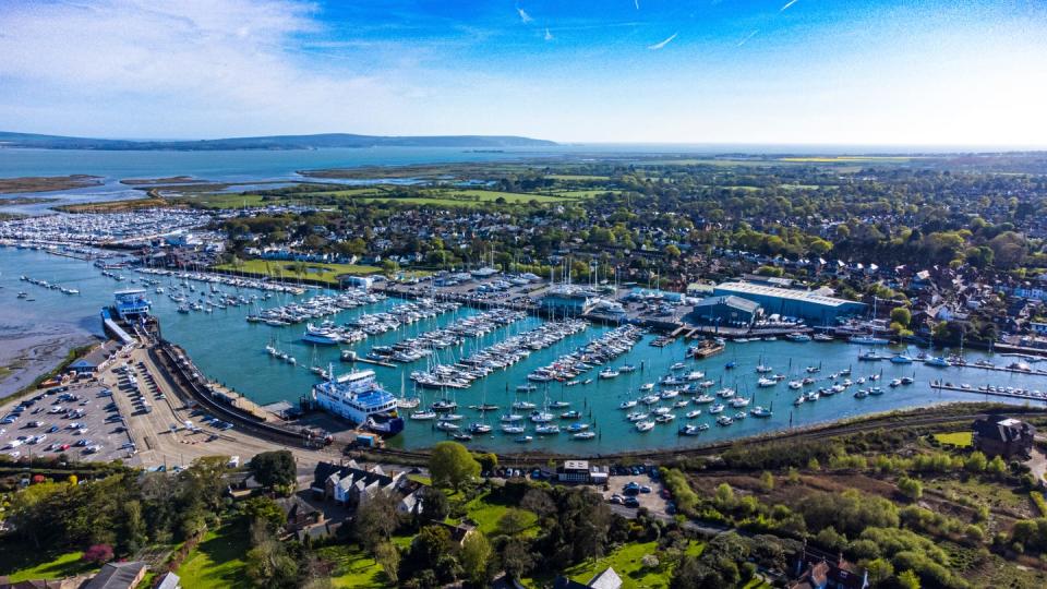 Aerial view of the Solent coast with the Isle of Wight on the horizon