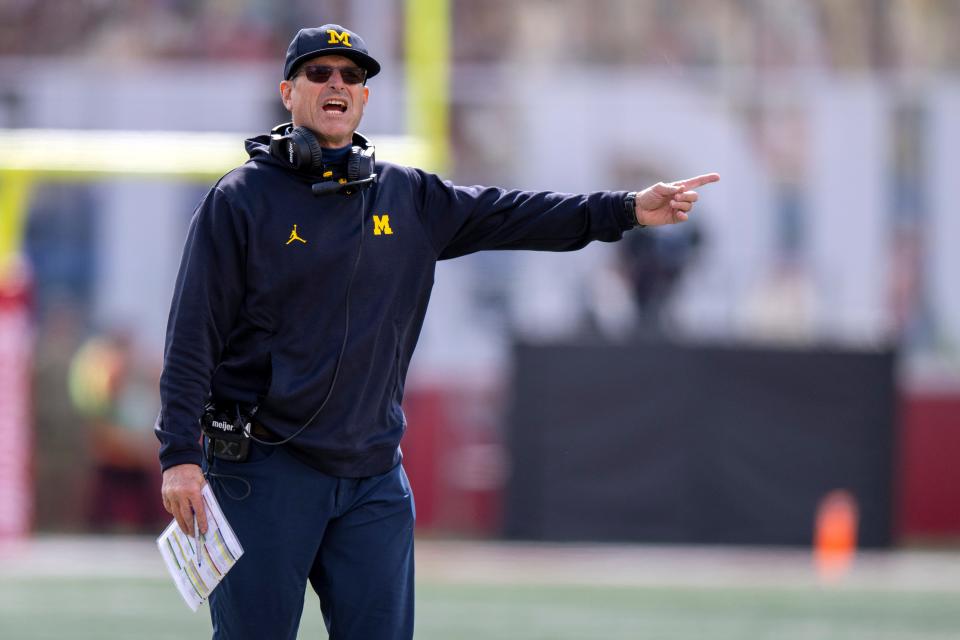 Michigan Wolverines head coach Jim Harbaugh yells during the second half Oct. 8, 2022 against the Indiana Hoosiers at Memorial Stadium in Bloomington. Wolverines won, 31-10.