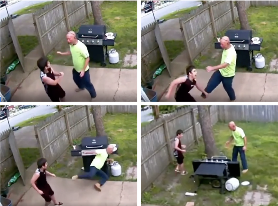 A dad falling over a grill