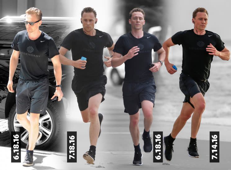 Hiddleston in his Nike running kit. (Photos: Splash; Graphic: Quinn Lemmers for Yahoo Style)