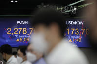 Currency traders watch computer monitors near the screens showing the Korea Composite Stock Price Index (KOSPI), left, and the foreign exchange rate between U.S. dollar and South Korean won at the foreign exchange dealing room in Seoul, South Korea, Monday, Sept. 28, 2020. Asian shares were mostly higher in muted trading Monday, ahead of the first U.S. presidential debate and a national holiday in China later in the week.(AP Photo/Lee Jin-man)