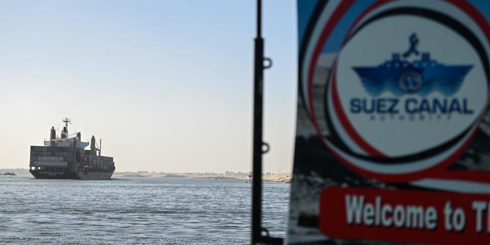 A ship transits the Suez Canal towards the Red Sea on January 10, 2024 in Ismailia, Egypt.