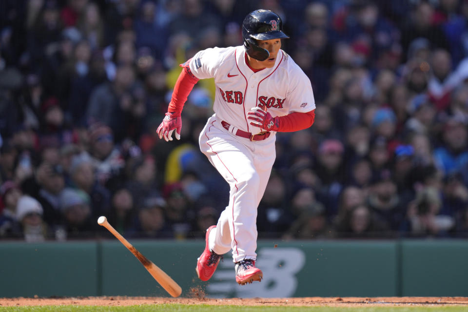 Boston Red Sox's Masataka Yoshida dashes down the first base line on a ground out during an opening day baseball game against the Baltimore Orioles, Thursday, March 30, 2023, in Boston. (AP Photo/Charles Krupa)