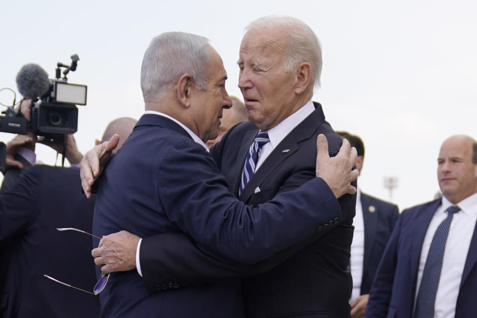 FILE - President Joe Biden is greeted by Israeli Prime Minister Benjamin Netanyahu after arriving at Ben Gurion International Airport, on Oct. 18, 2023, in Tel Aviv. The United States has offered strong support to Israel in its war against Hamas. But the allies ar increasingly at odds over what will happen to the Gaza Strip once the war winds down. (AP Photo/Evan Vucci)