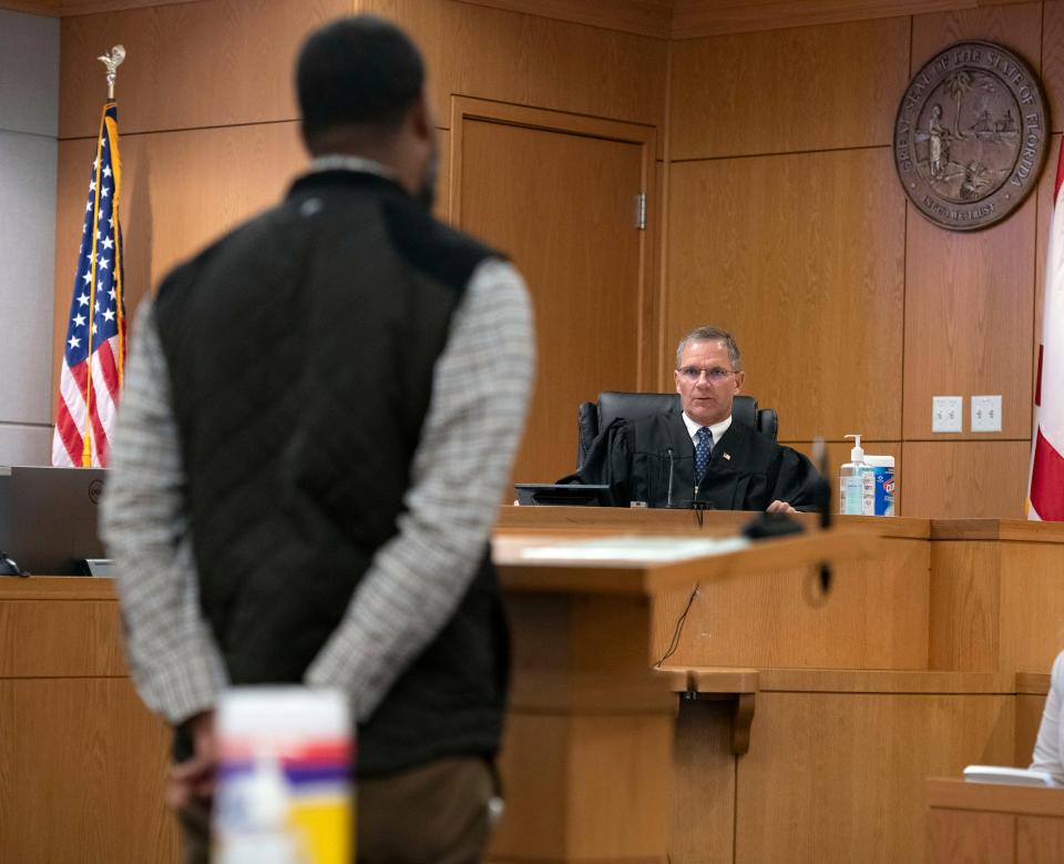 Ladaron Clardy, the father of slain Ladarius Clardy, is admonished by Circuit Court Judge John Simon for his behavior during the trial of Da'quavion Snowden on July 18, 2023. Snowden is on trial for the first-degree premeditated murder of Ladarius Clardy on July 1, 2021.