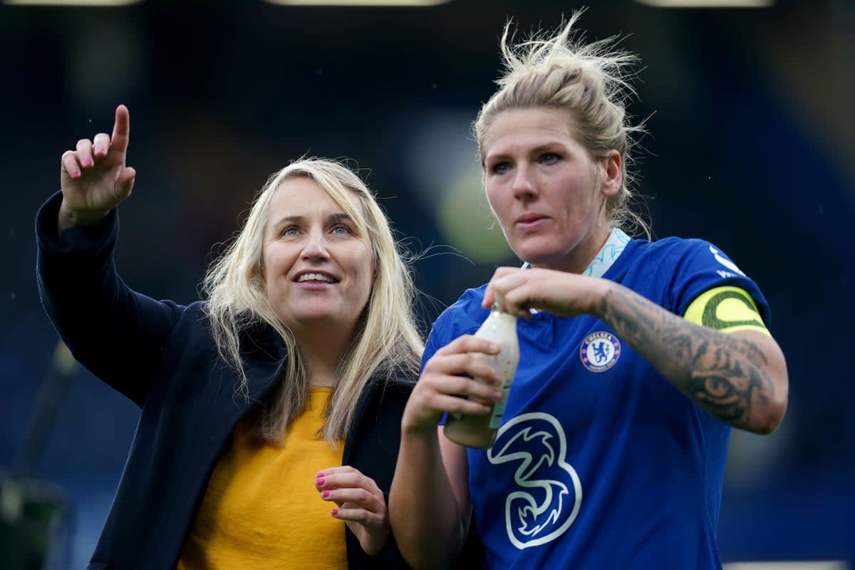 Chelsea boss Emma Hayes (left), with Millie Bright, returned for the Blues’ win at Stamford Bridge (John Walton/PA) (PA Wire)