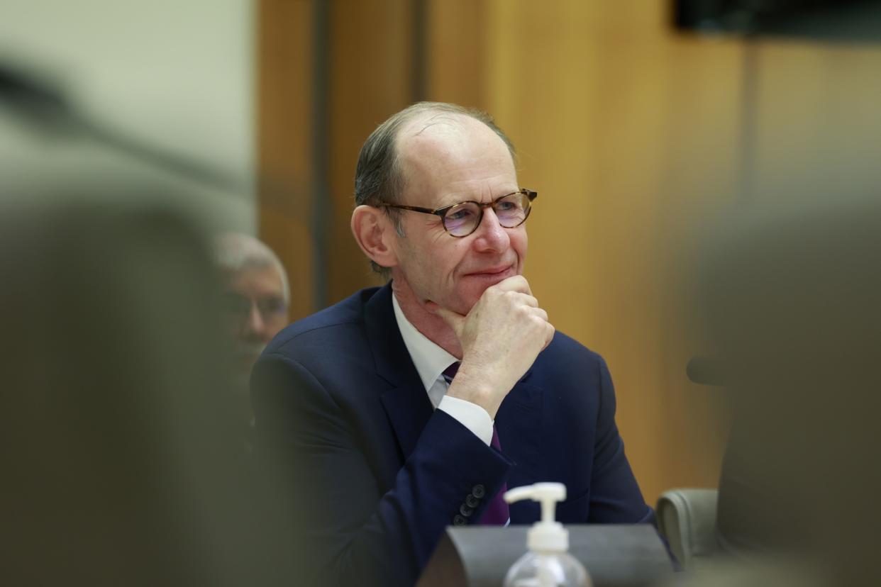 Shayne Elliott, chief executive officer of Australia and New Zealand Banking Group Ltd. (ANZ), center, attends a hearing before the House of Representatives economics committee in Canberra, Australia, on Wednesday, July 12, 2023.  Photographer: Hilary Wardhaugh/Bloomberg