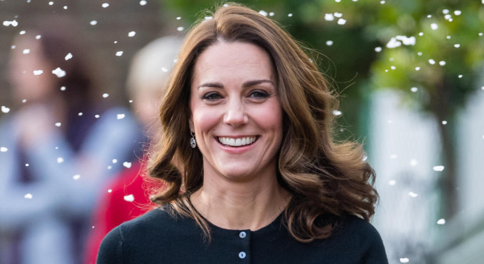 The Duchess Of Cambridge wore a blue button front cardigan for her latest virtual royal engagement. (Getty Images)