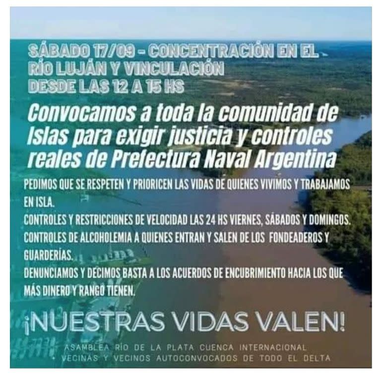 Vecinos de la isla están difundiendo un flyer de convocatoria para manifestarte en Vinculación y Río Luján