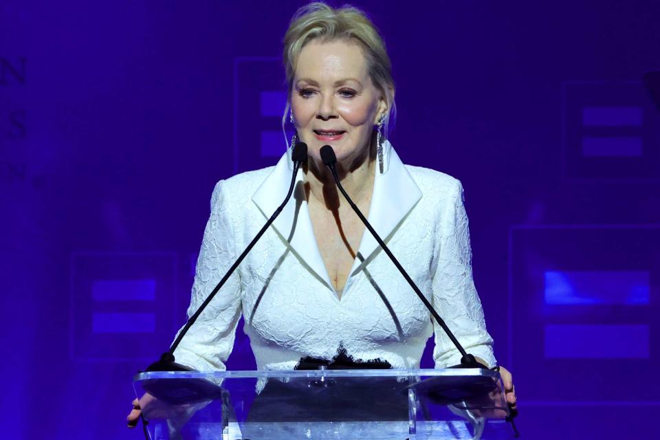 <p>Kevin Winter/Getty</p> Jean Smart speaks onstage during the 2024 Human Rights Campaign dinner