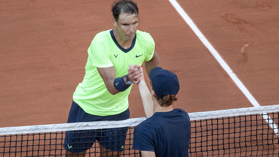 Rafael Nadal and Jannik Sinner, pictured here after their fourth-round clash at the French Open.