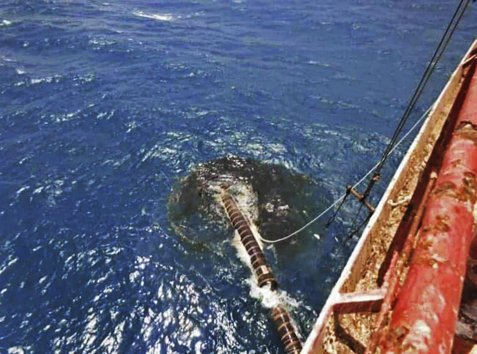 This image provided by I.R. Consilium taken in 2019, shows the external piping system of the FSO Safer and the hose failure that led to a spill, moored off Ras Issa port, Yemen. Houthi rebels are blocking the United Nations from inspecting the abandoned oil tanker loaded with more than one million barrels of crude oil. UN officials and experts fear the tanker could explode or leak, causing massive environmental damage to Red Sea marine life. (I.R. Consilium via AP)