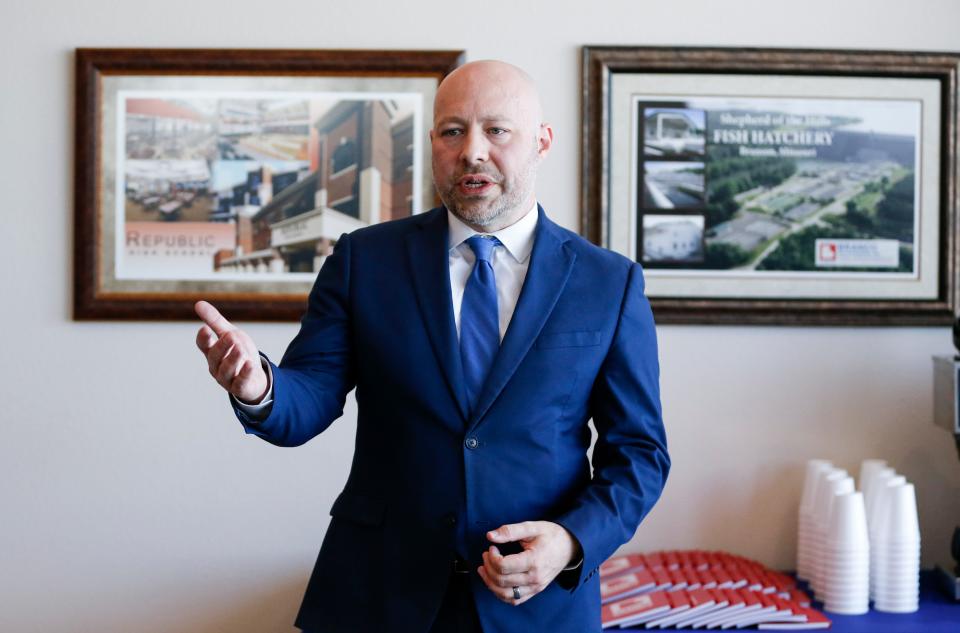 Missouri House of Representatives Budget Chairman Cody Smith talks about the plan to widening I-44 to six lanes in Springfield, Rolla and Joplin during a press conference at Branco Enterprises on Tuesday, March 19, 2024.