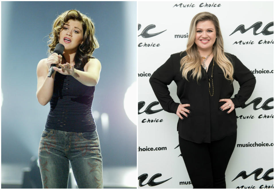 Left: Kelly, 20, on the ‘American Idol’ finale in Sept. 2002. Right: Kelly, 35, visits Music Choice this month.<em> (Photos: Getty)</em>