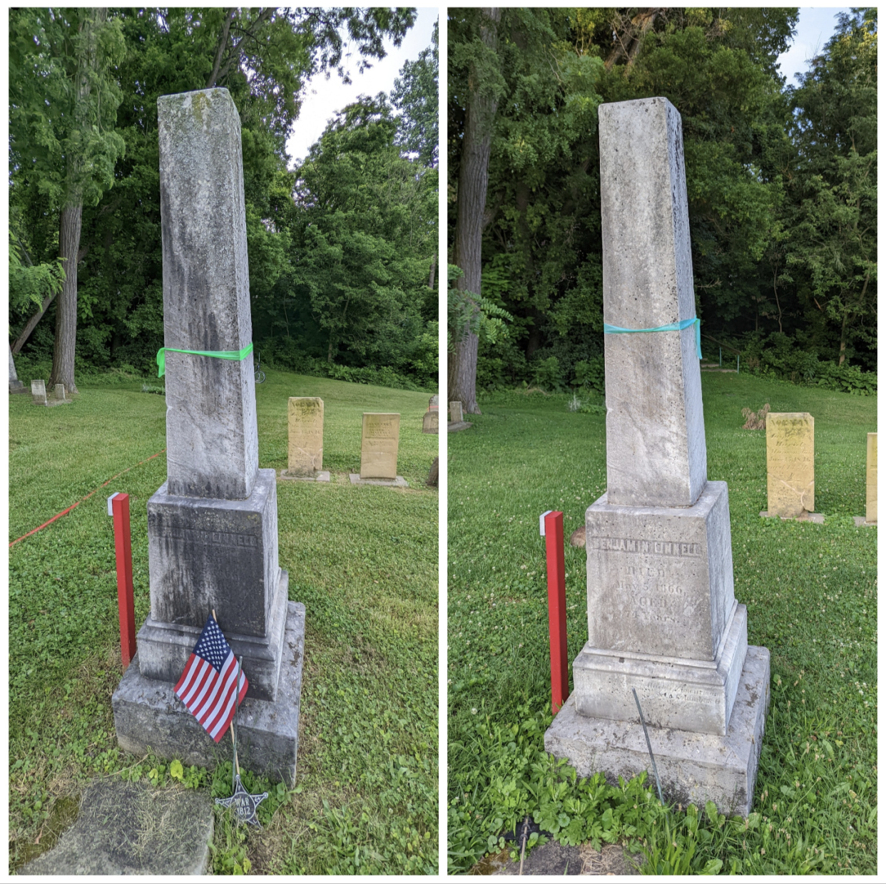 The 1866 marble monument in Granville’s Old Colony Burying Ground, shown in "before-and-after” shots, was cleaned in 2022 by volunteer Tasia Savage. It marks the grave of Benjamin Linnell, a member of one of that Village’s founding families.