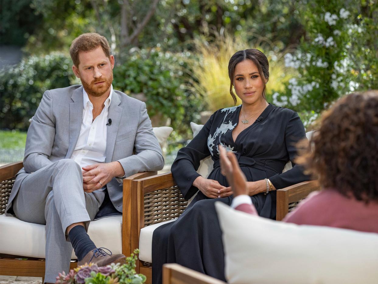 <p>Harry and Meghan during their interview with Oprah.</p> (Joe Pugliese/Harpo Productions /PA Wire)