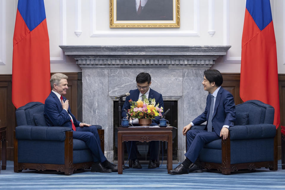 In this photo released by the Taiwan Presidential Office, Taiwan President Lai Ching-te, right, talks to Rep. Michael McCaul, R-Texas during a meeting in Taipei, Taiwan, Monday, May 27, 2024. A U.S. congressional delegation met Taiwan's new leader on Monday in a show of support shortly after China held drills around the self-governing island in response to his inauguration speech. (Taiwan Presidential Office via AP)