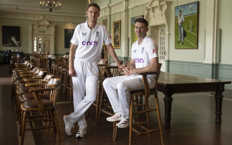 : England bowlers Stuart Broad and James Anderson pose for a portrait in the long room at Lord's Cricket Ground on May 31, 2022 in London, England - Gareth Copley/Getty Images